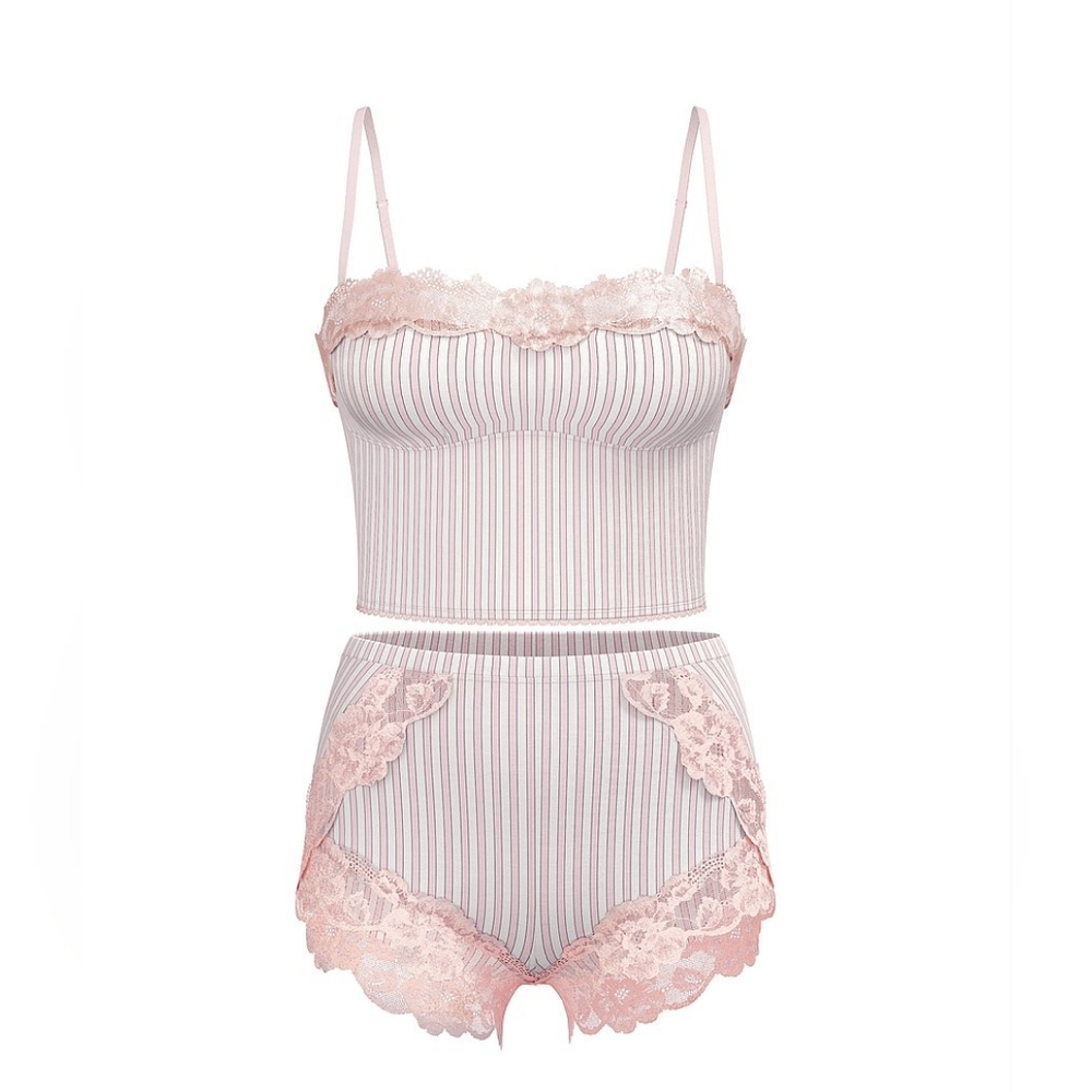Victoria's Secret Pink and White Striped Lace Pajama Set